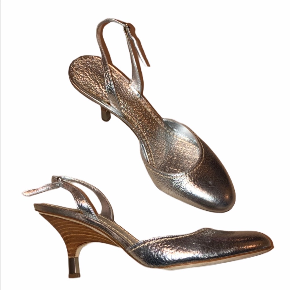 Vicini Metallic Wood Stack Ankle Strap Pumps 38